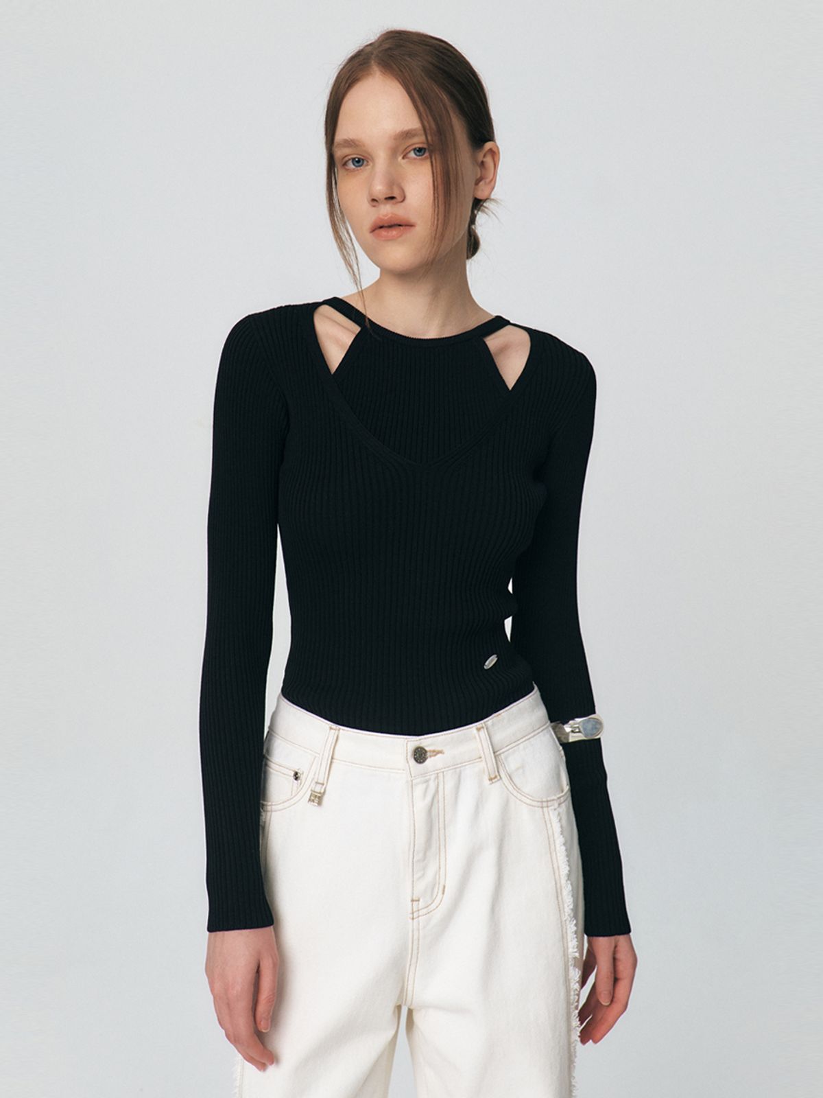 쿠메(KUMÉ) Halter Layering Tencel Sweater, Black