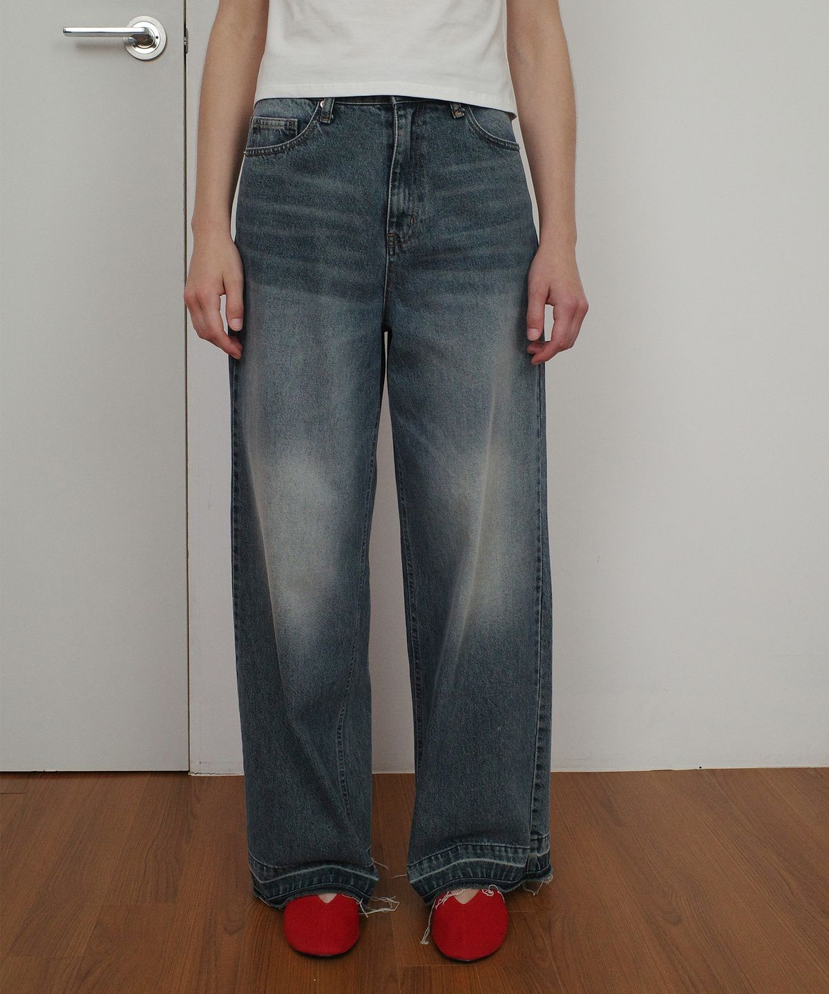 엔오르 스튜디오(ENOR STUDIO) VINTAGE DAMAGE WIDE DENIM PANTS - BLUE