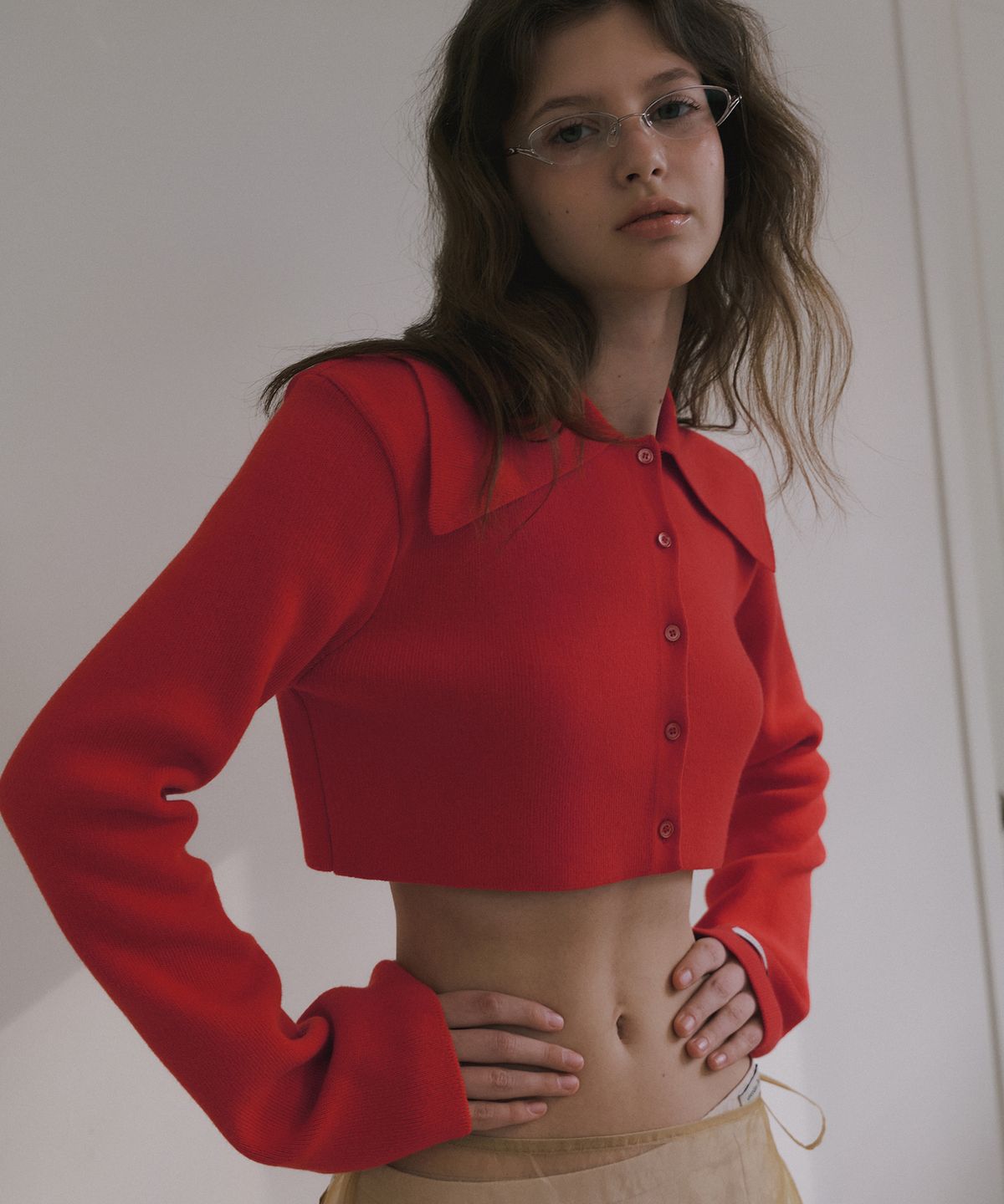 오버듀플레어(OVERDUEFLAIR) ANGORA COLLAR MICRO CROPPED CARDIGAN_RED
