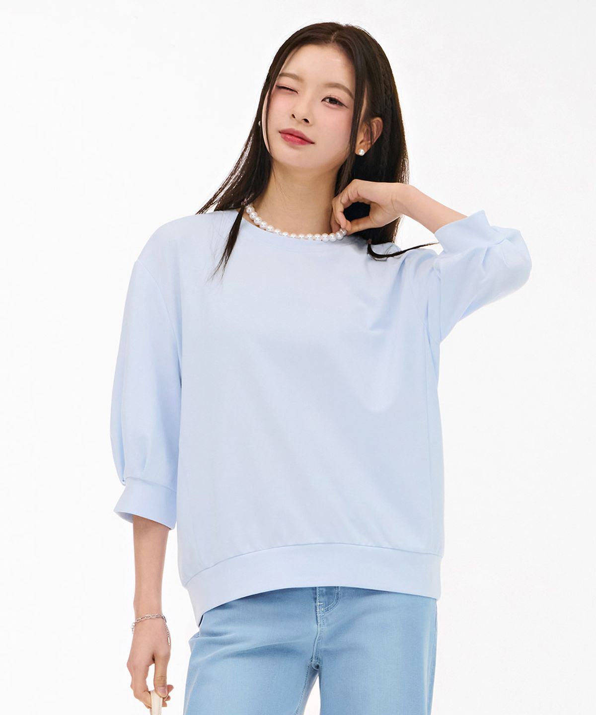 체이스컬트(CHASECULT) 여성 소매변형 7부 티셔츠-스카이블루