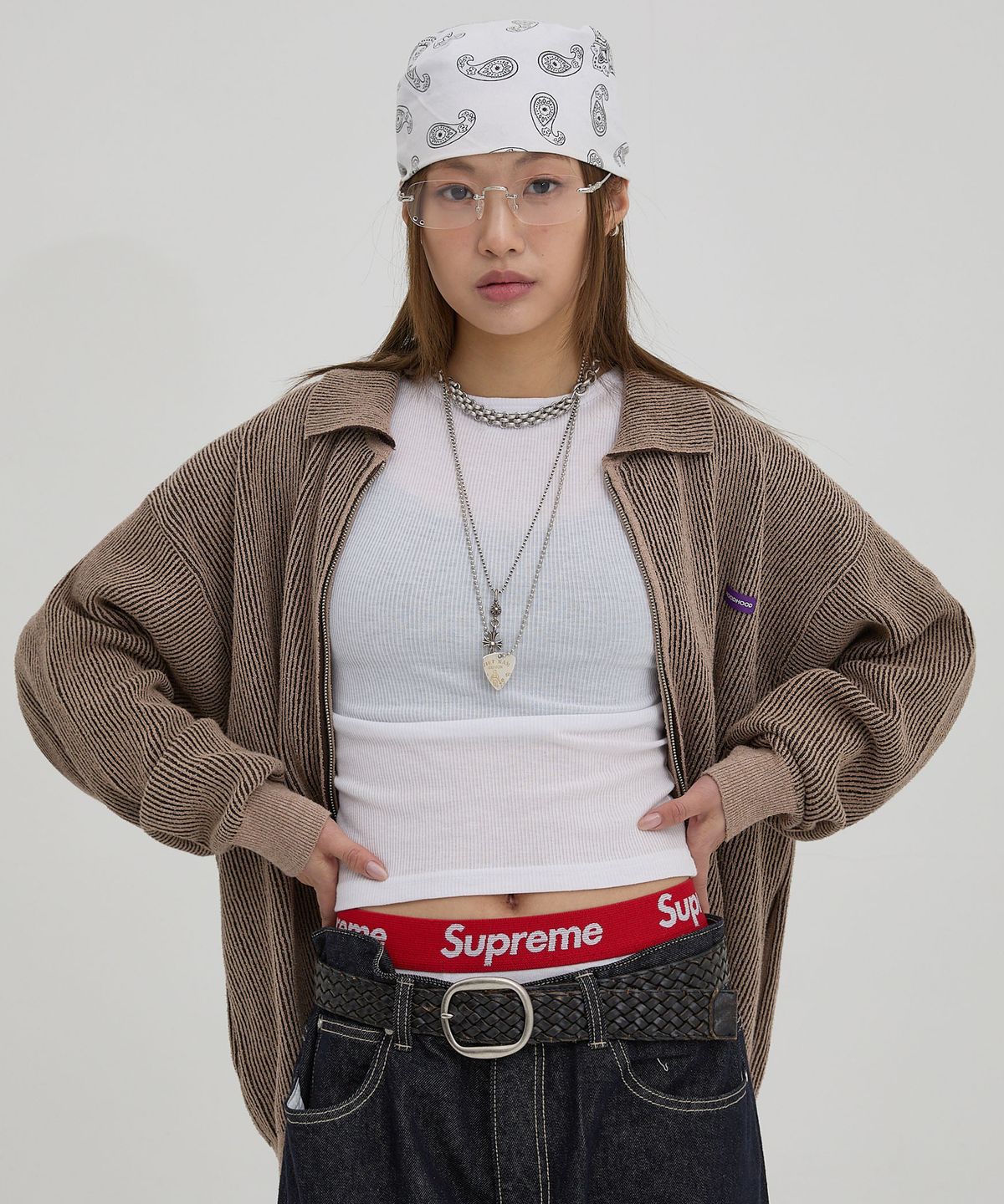 후드후드(HOODHOOD) 투톤 카라 니트 집업 베이지