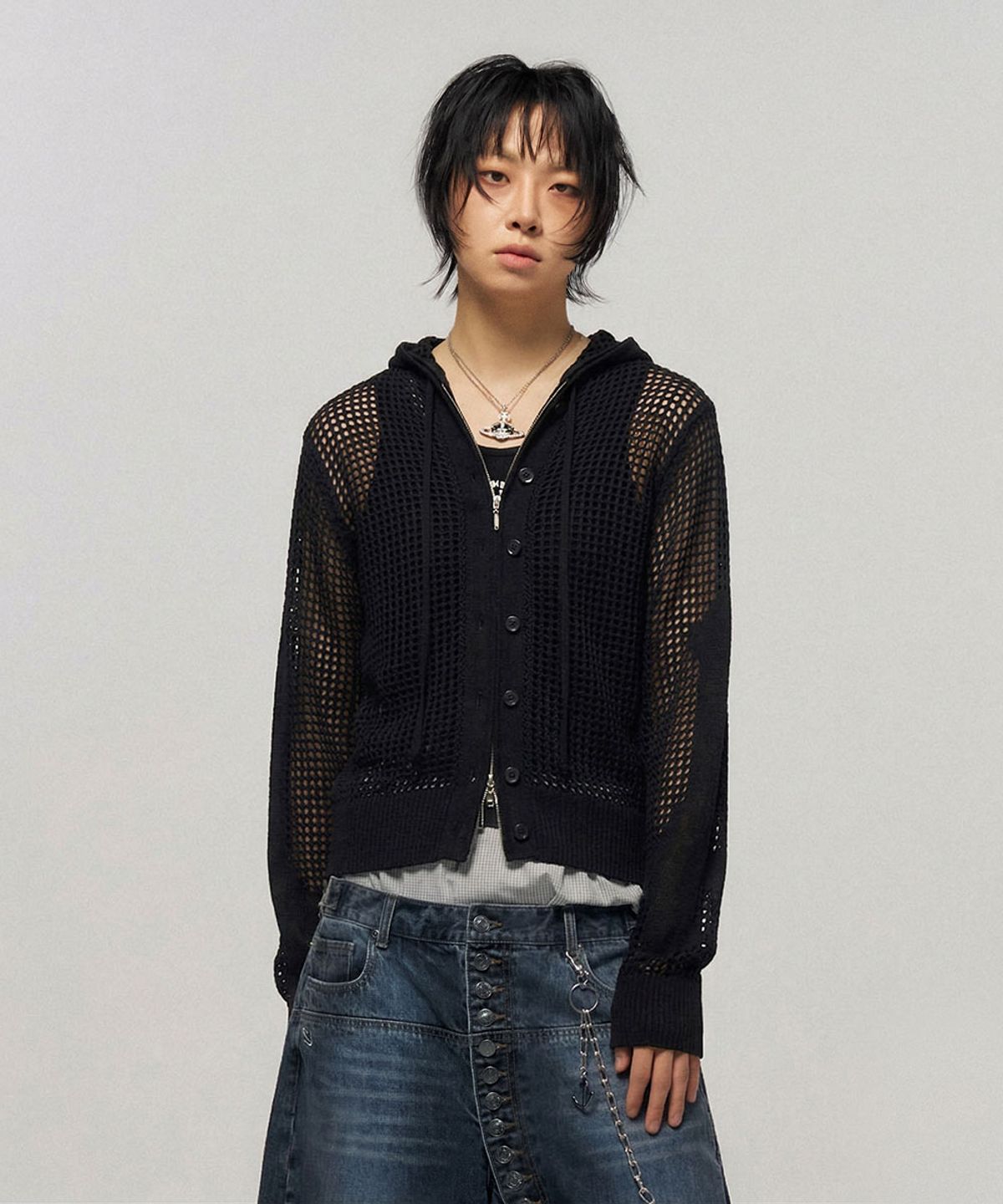 스키즘 인듀싱(SCHISM INDUCING) CROSS MESH ZIP HOODIE BLACK