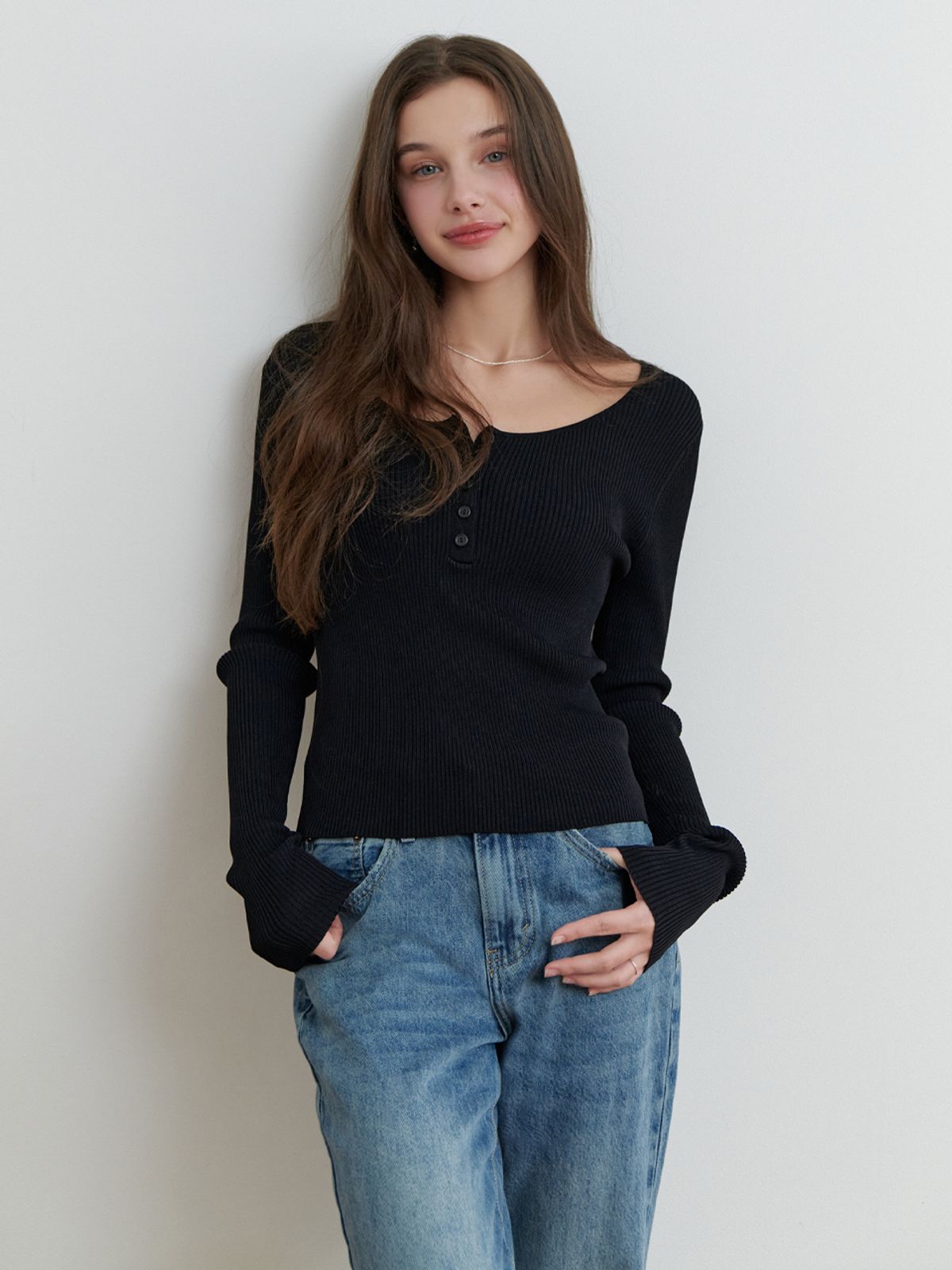 리엘(RE L) Bonny button knit (black)