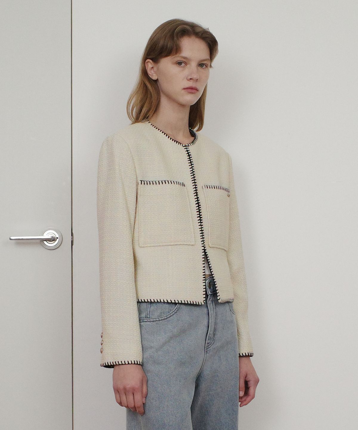 엔오르(EN OR) MELO STITCH POCKET TWEED JACKET - CREAM