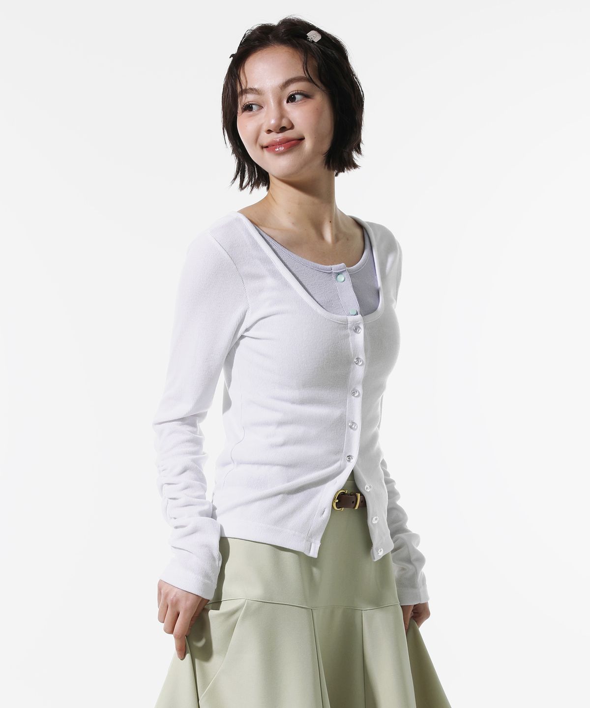 피스메이커(PIECE MAKER) LAYERED SLIM ROUND CARDIGAN (IVORY)