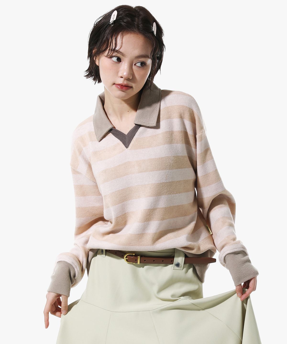 피스메이커(PIECE MAKER) STRIPE V NECK COLLAR KNIT (BEIGE)