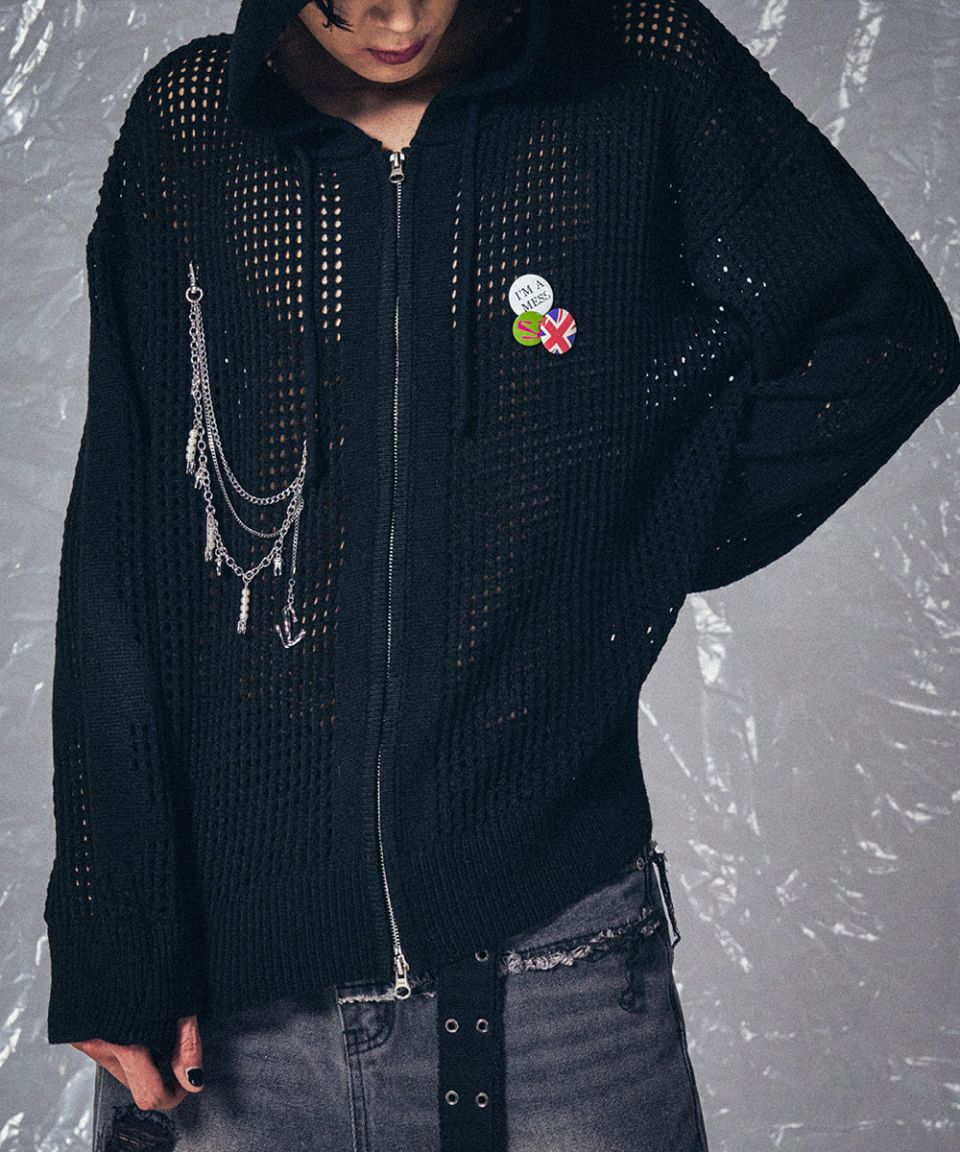 MUSINSA | SCHISM INDUCING CROSS MESH ZIP HOODIE BLACK