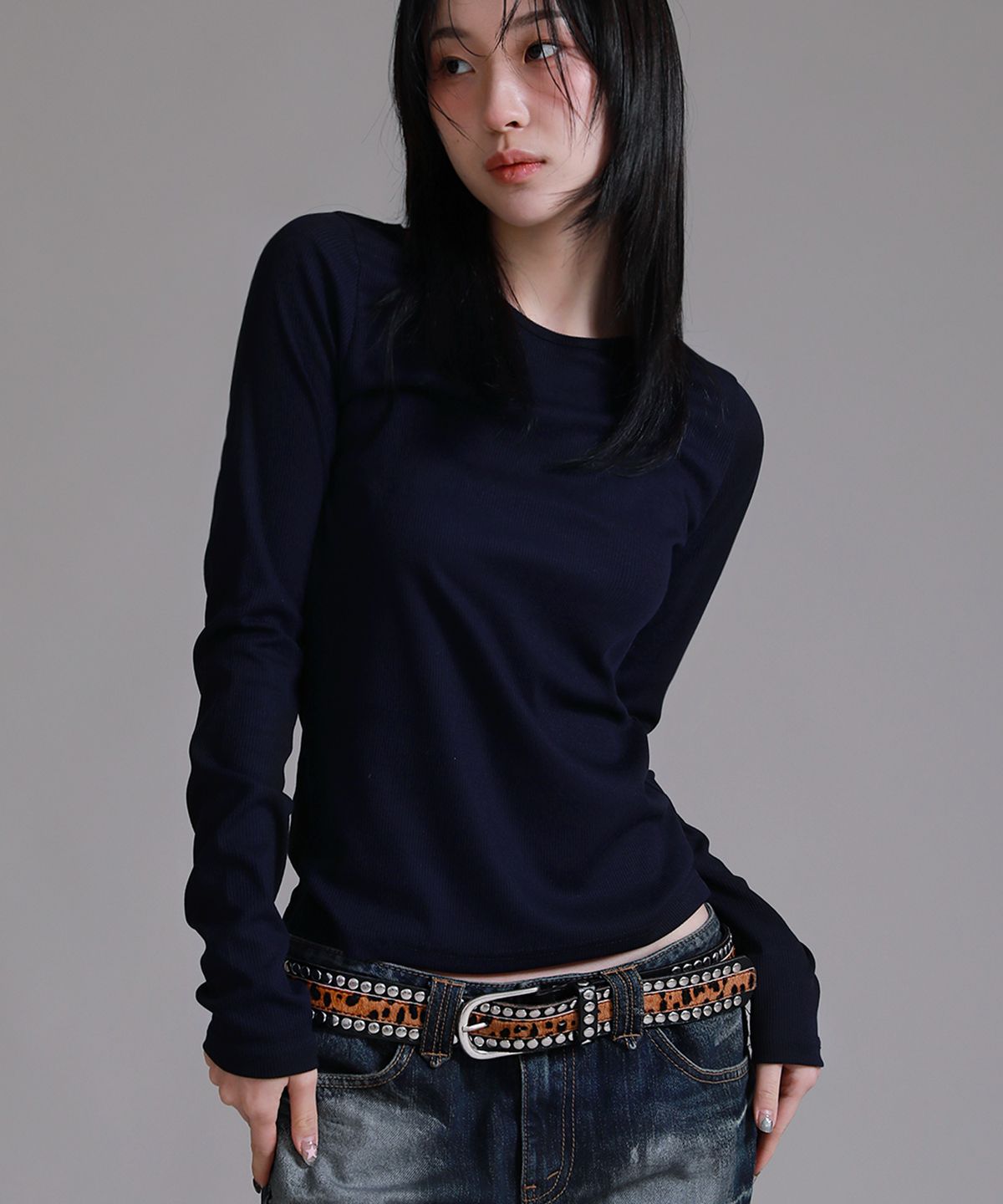 라이크더모스트(LIKE THE MOST) 베이직 라운드 골지 티셔츠_네이비