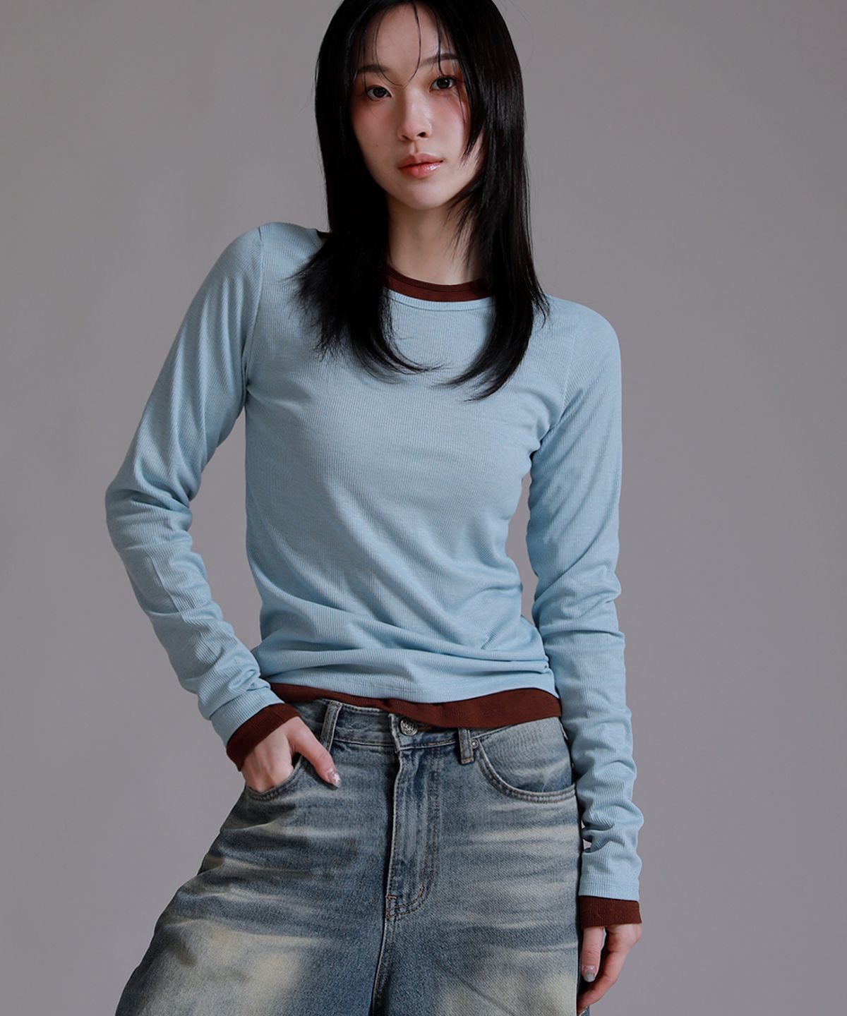 라이크더모스트(LIKE THE MOST) 베이직 라운드 골지 티셔츠_소라
