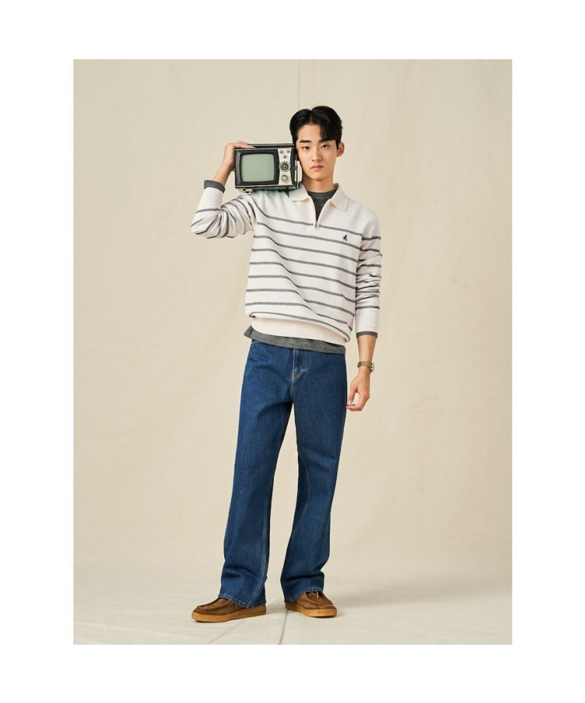 빈폴 멘(BEANPOLE MEN) 스트라이프 하프집업 니트  아이보리 (BC5251C060)