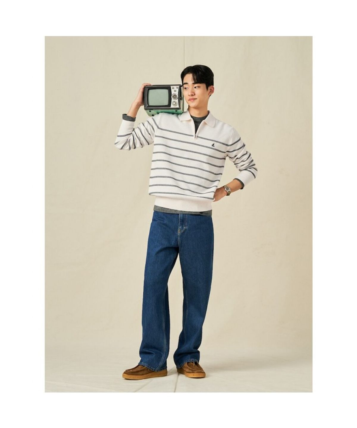 빈폴 멘(BEANPOLE MEN) 스트라이프 하프집업 니트  아이보리 (BC5251C060)