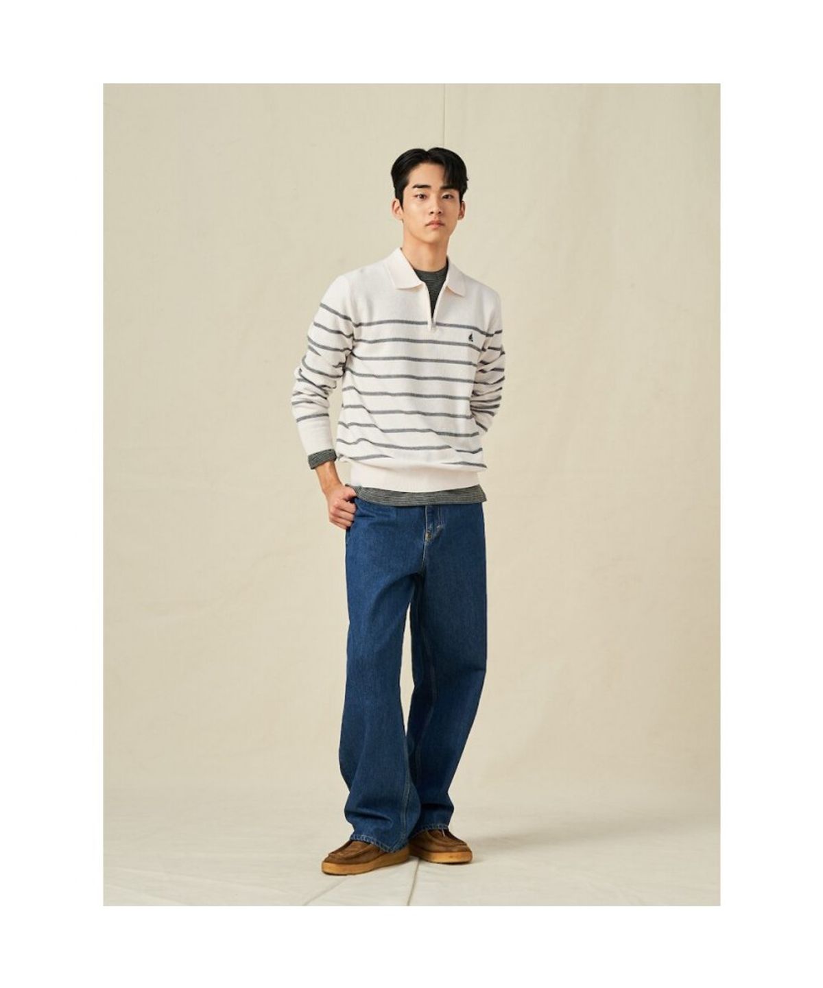 빈폴 멘(BEANPOLE MEN) 스트라이프 하프집업 니트  아이보리 (BC5251C060)
