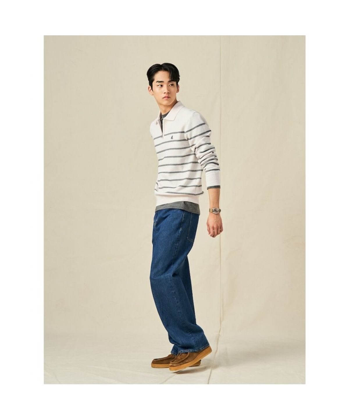 빈폴 멘(BEANPOLE MEN) 스트라이프 하프집업 니트  아이보리 (BC5251C060)