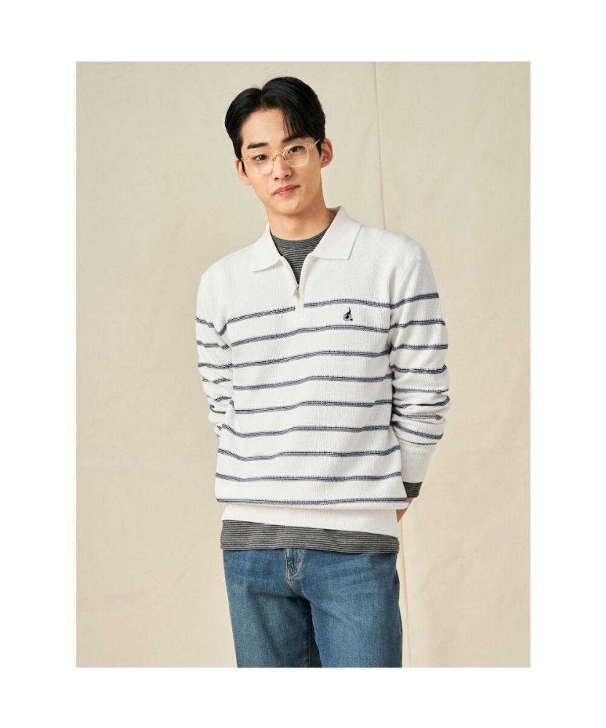 빈폴 멘(BEANPOLE MEN) 스트라이프 하프집업 니트  화이트 (BC5251C061)