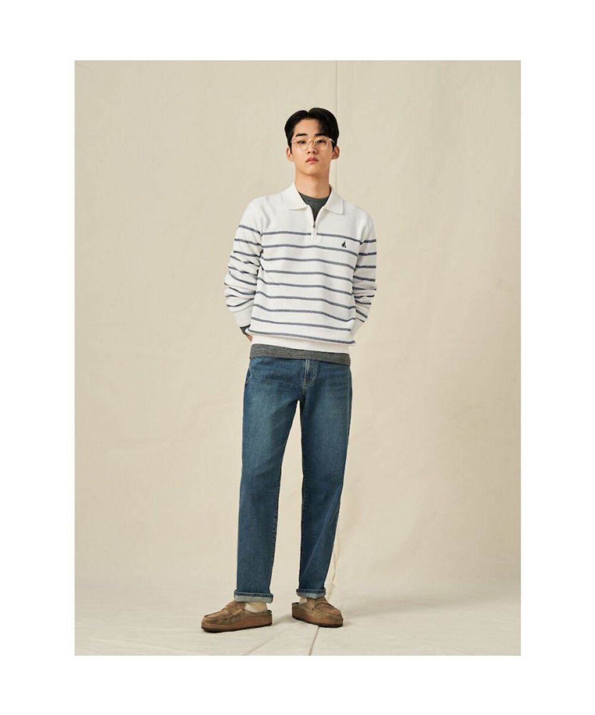 빈폴 멘(BEANPOLE MEN) 스트라이프 하프집업 니트  화이트 (BC5251C061)