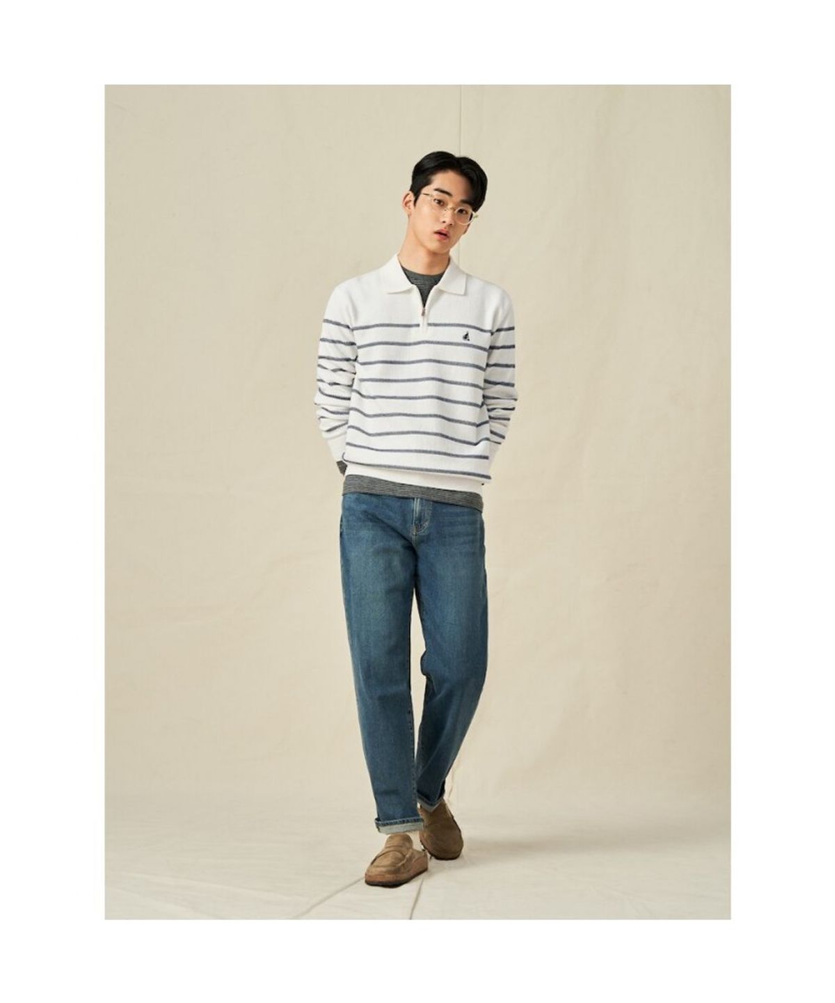 빈폴 멘(BEANPOLE MEN) 스트라이프 하프집업 니트  화이트 (BC5251C061)
