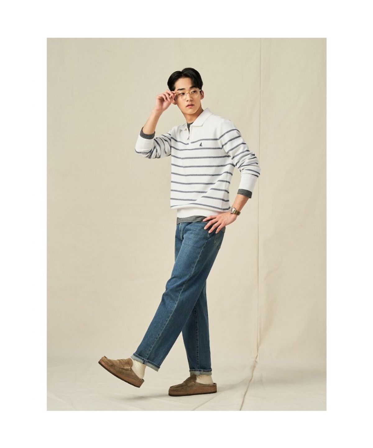 빈폴 멘(BEANPOLE MEN) 스트라이프 하프집업 니트  화이트 (BC5251C061)