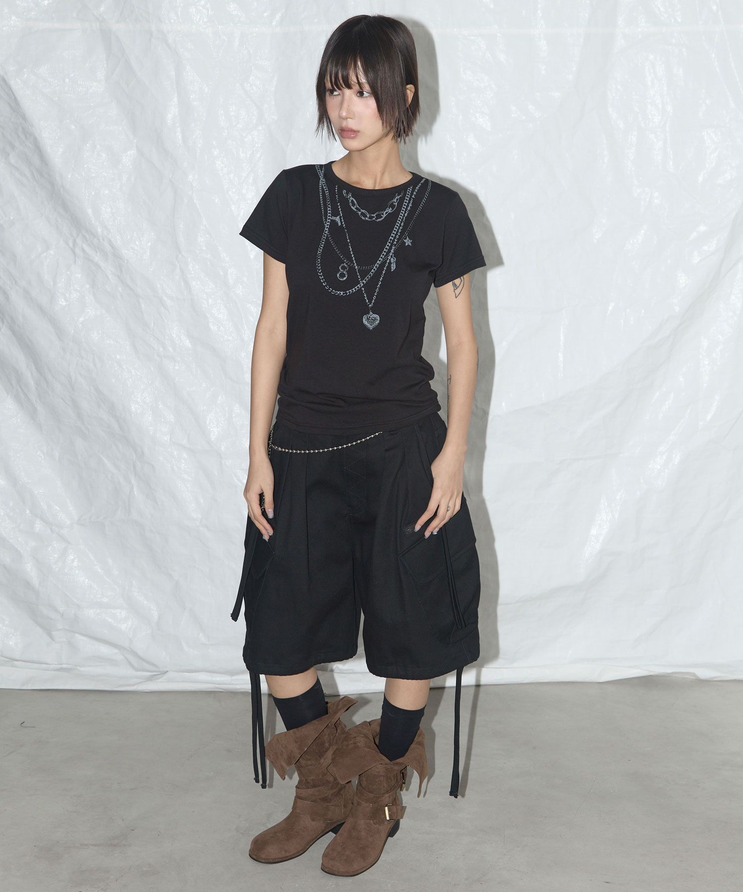 MUSINSA | FANCY CLUB Dual Charm Necklace Tee (BLACK) F25QB097