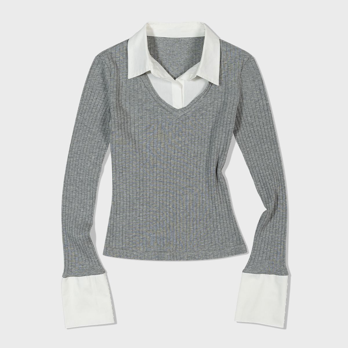 모아(MOAA) Cuff Collared Knit Top (GRAY)