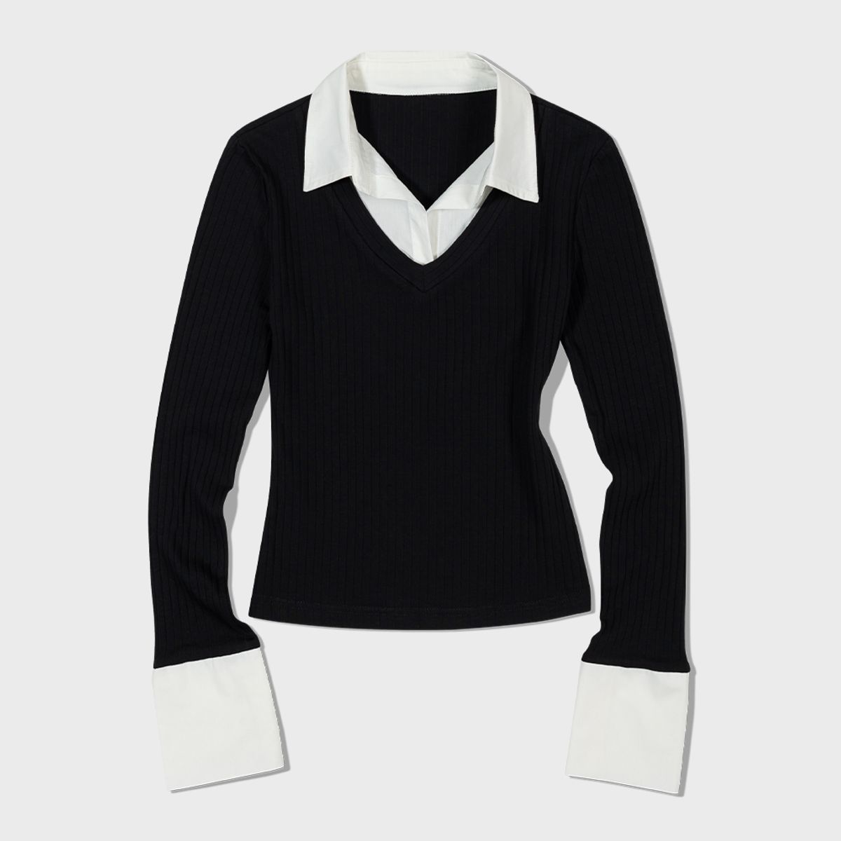 모아(MOAA) Cuff Collared Knit Top (BLACK)