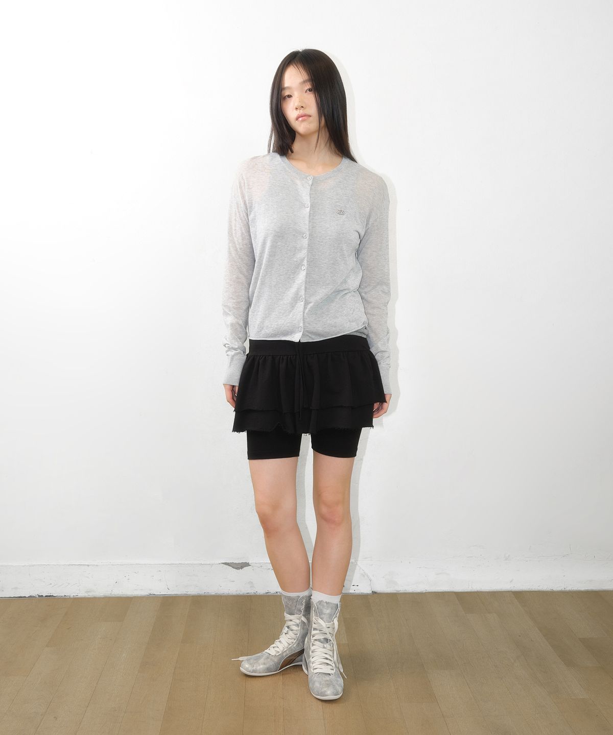 아메스 월드와이드(AMES-WORLDWIDE) SHEER ROUND NECK CARDIGAN GREY