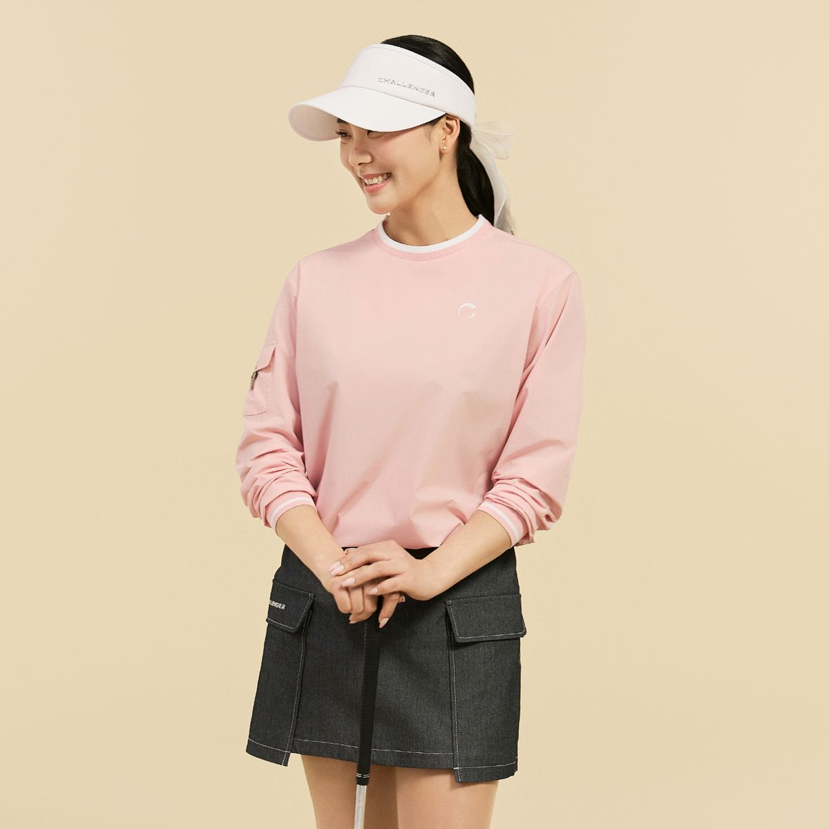 챌린저(CHALLENGER) 여성 경량 스트레치 소매 포켓 라운드넥 우븐탑 핑크