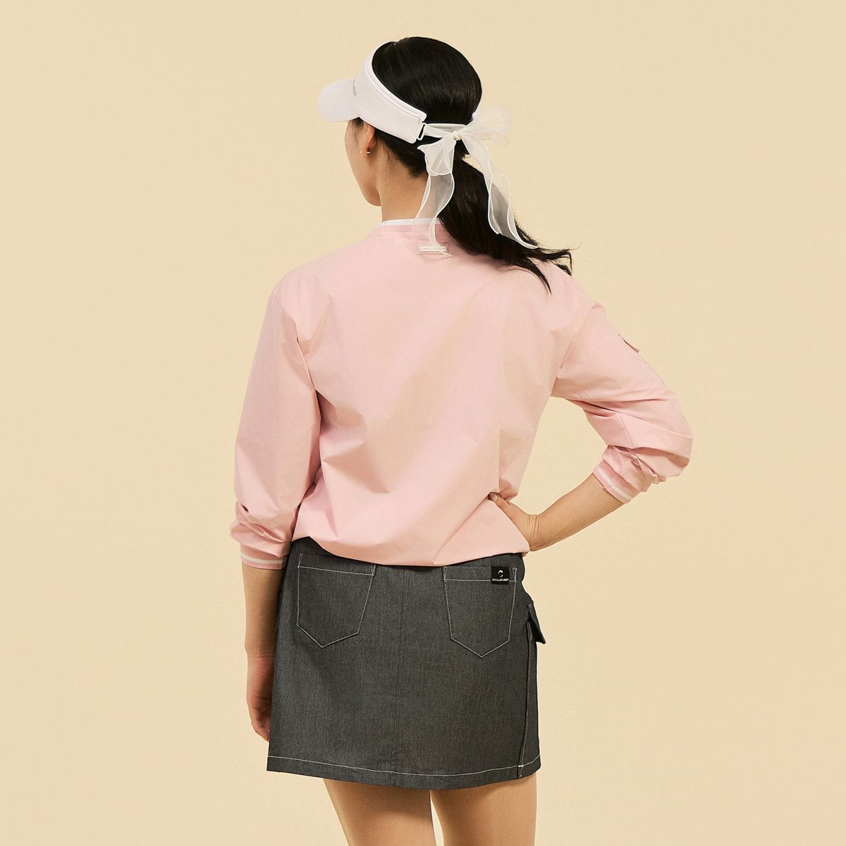 챌린저(CHALLENGER) 여성 경량 스트레치 소매 포켓 라운드넥 우븐탑 핑크