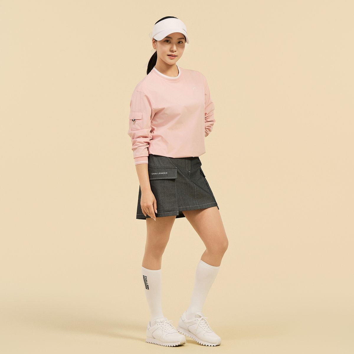 챌린저(CHALLENGER) 여성 경량 스트레치 소매 포켓 라운드넥 우븐탑 핑크