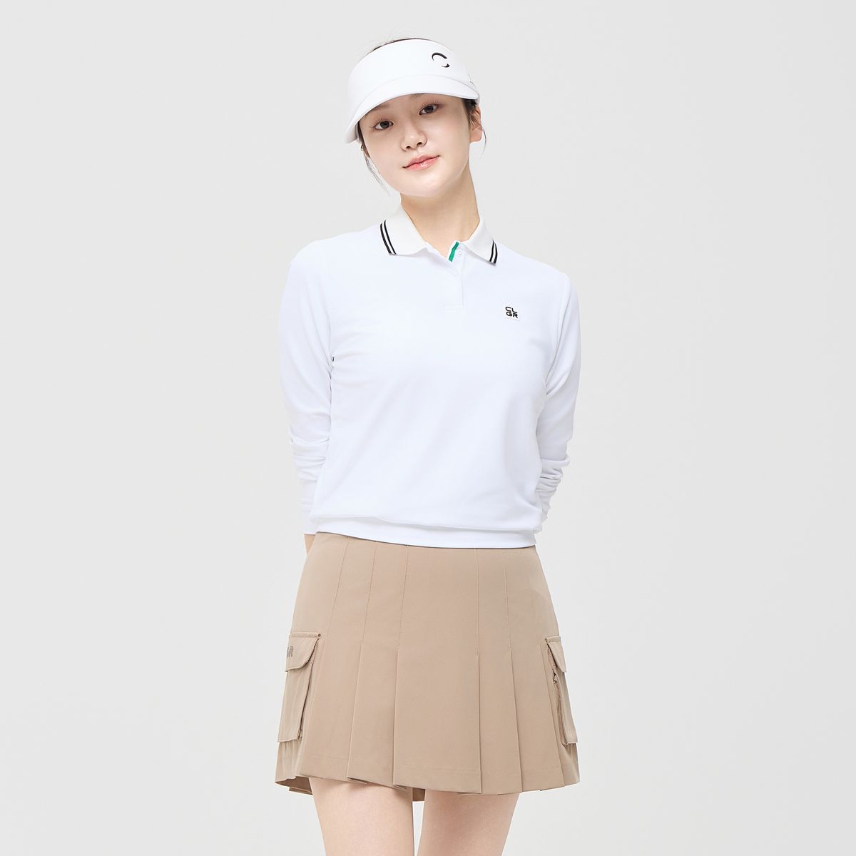 챌린저(CHALLENGER) 여성 에센셜 배색 립 긴팔 카라 티셔츠 화이트
