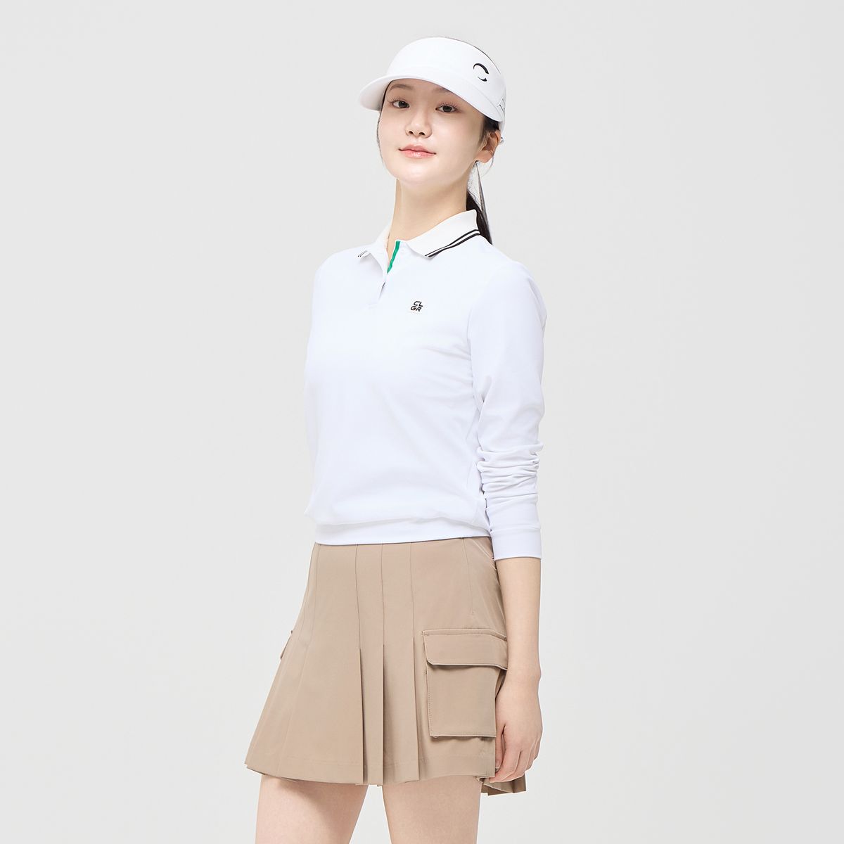 챌린저(CHALLENGER) 여성 에센셜 배색 립 긴팔 카라 티셔츠 화이트