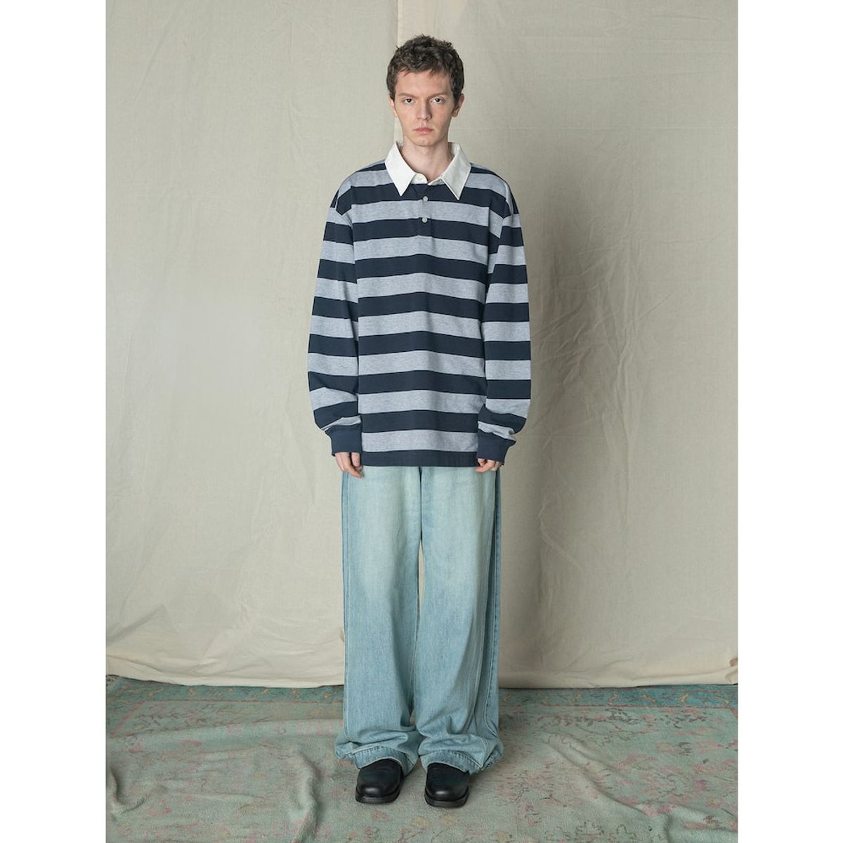 샌드 사운드(SAND SOUND) Bold Stripe Long Sleeve Polo TShirt  Grey