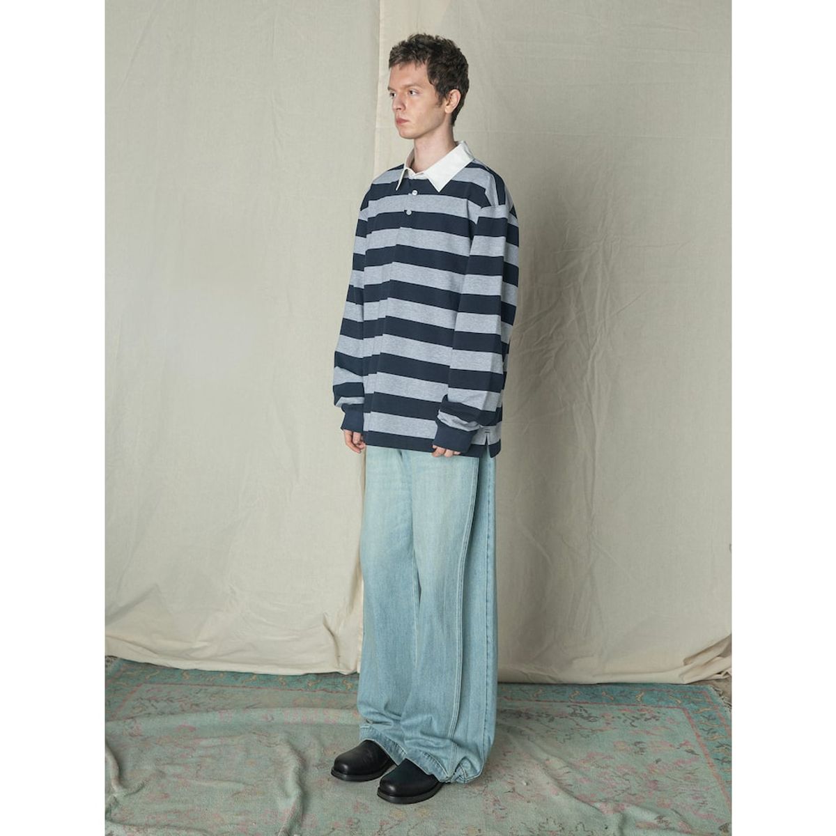 샌드 사운드(SAND SOUND) Bold Stripe Long Sleeve Polo TShirt  Grey