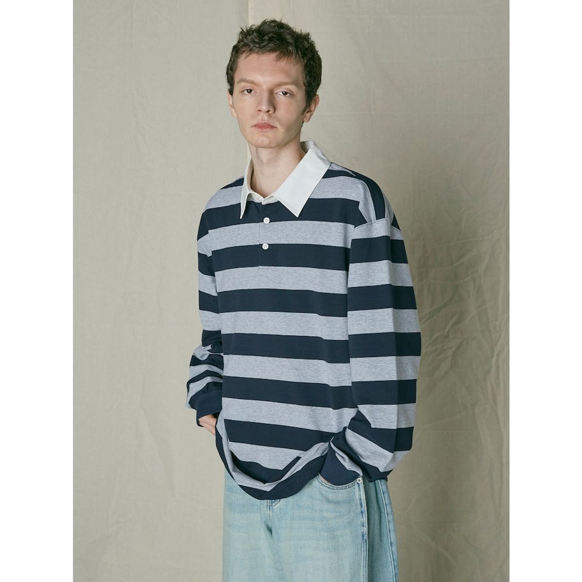 샌드 사운드(SAND SOUND) Bold Stripe Long Sleeve Polo TShirt  Grey
