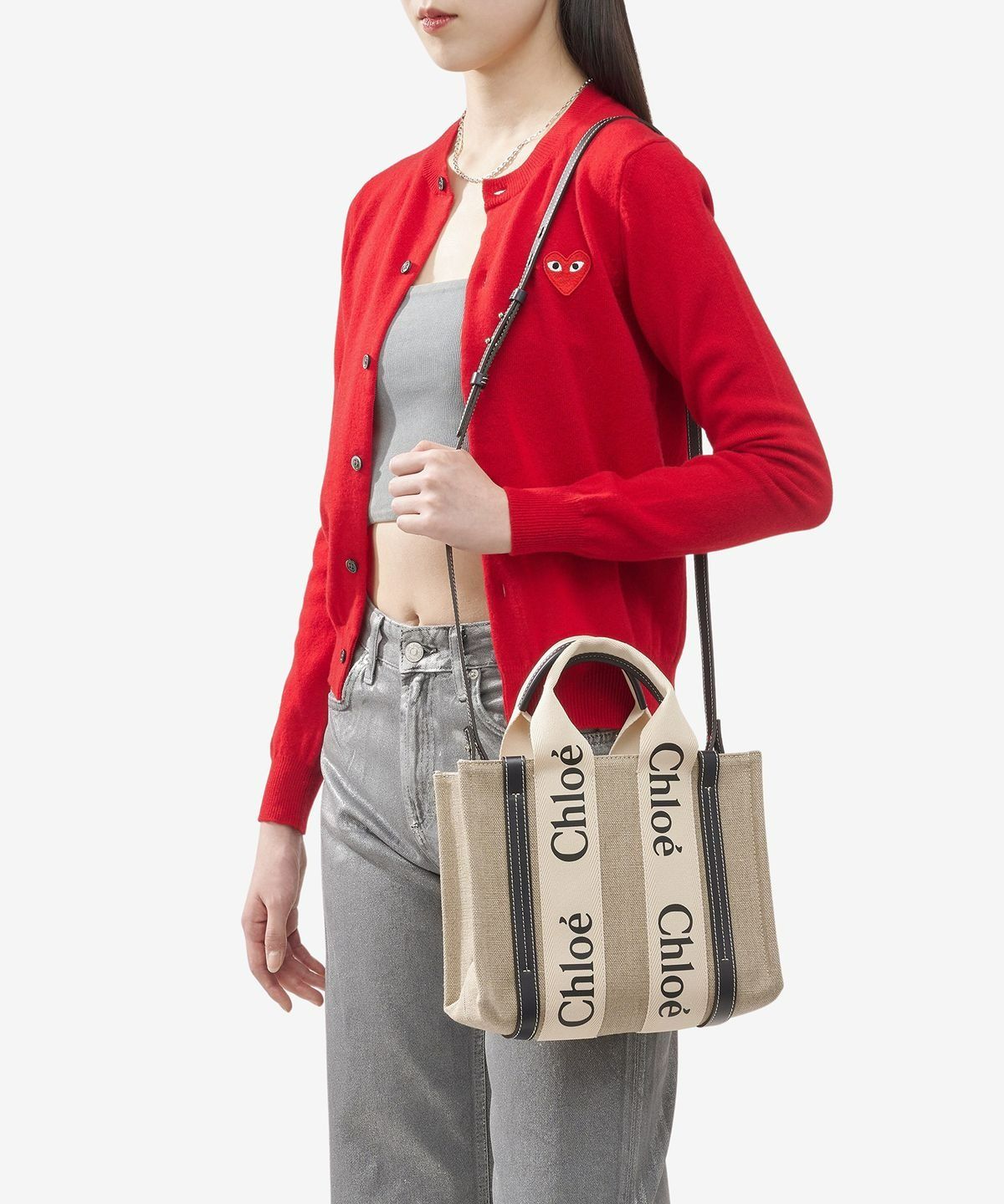 MUSINSA | CHLOE Small Linen Woody Tote Bag - White:Blue