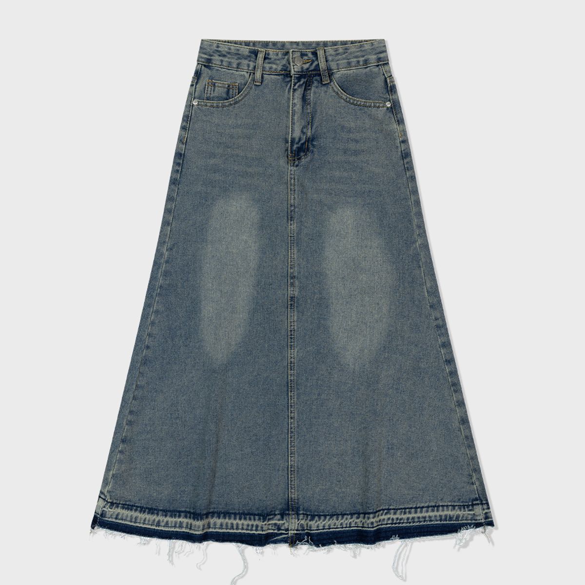 모아(MOAA) Raw Hem Denim Midi Skirt (WASHED JEAN)