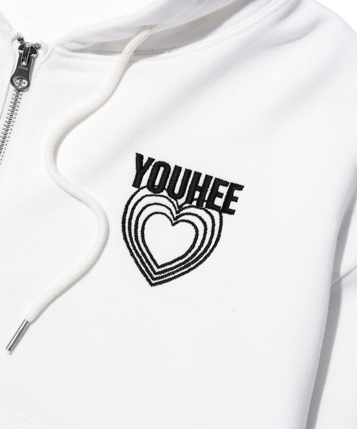 유희(YOUHEE) GRAPHIC DETAILED HOOD ZIP-UP WHITE