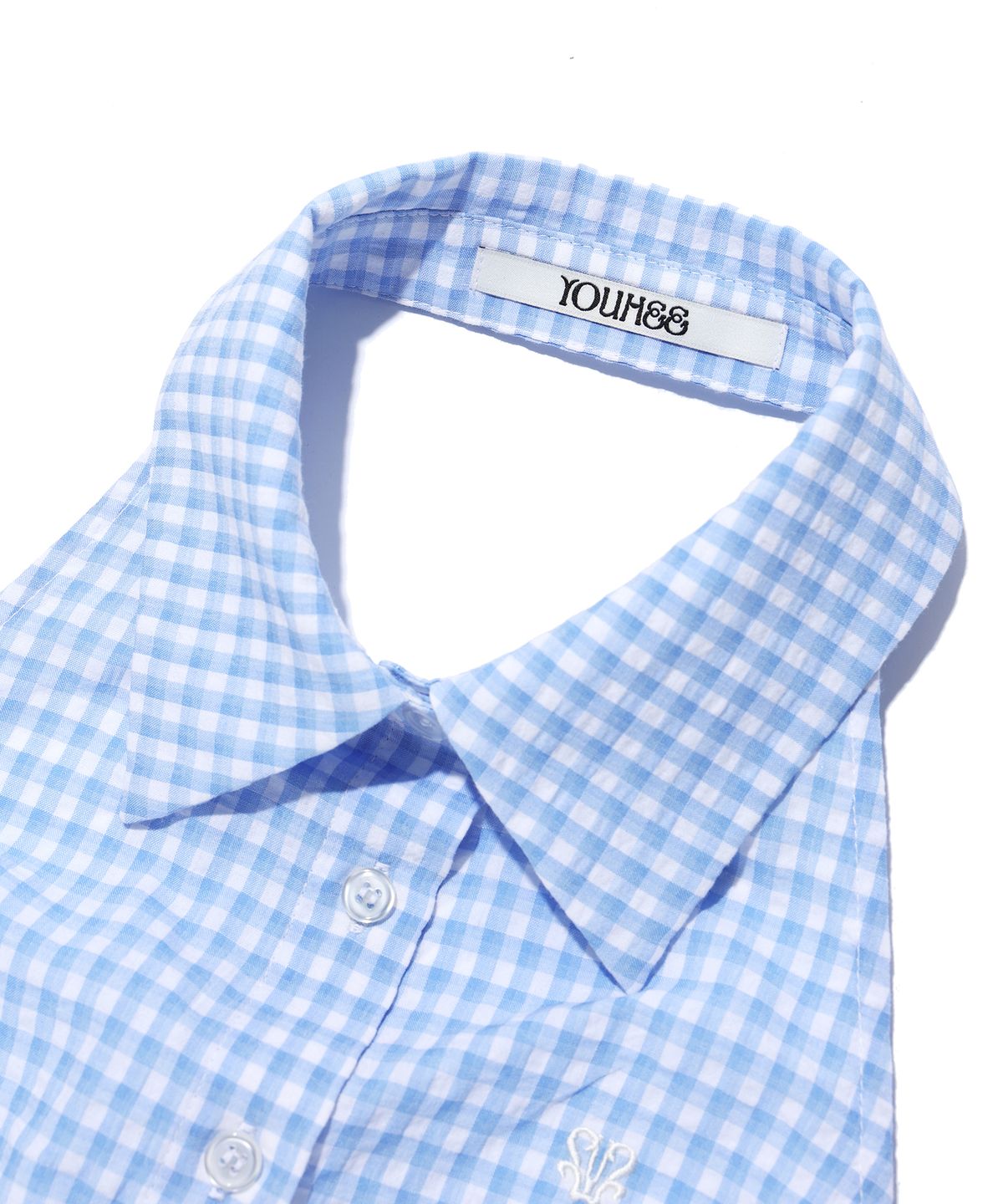 유희(YOUHEE) CHECK HALTER NECK SHIRTS LIGHT BLUE