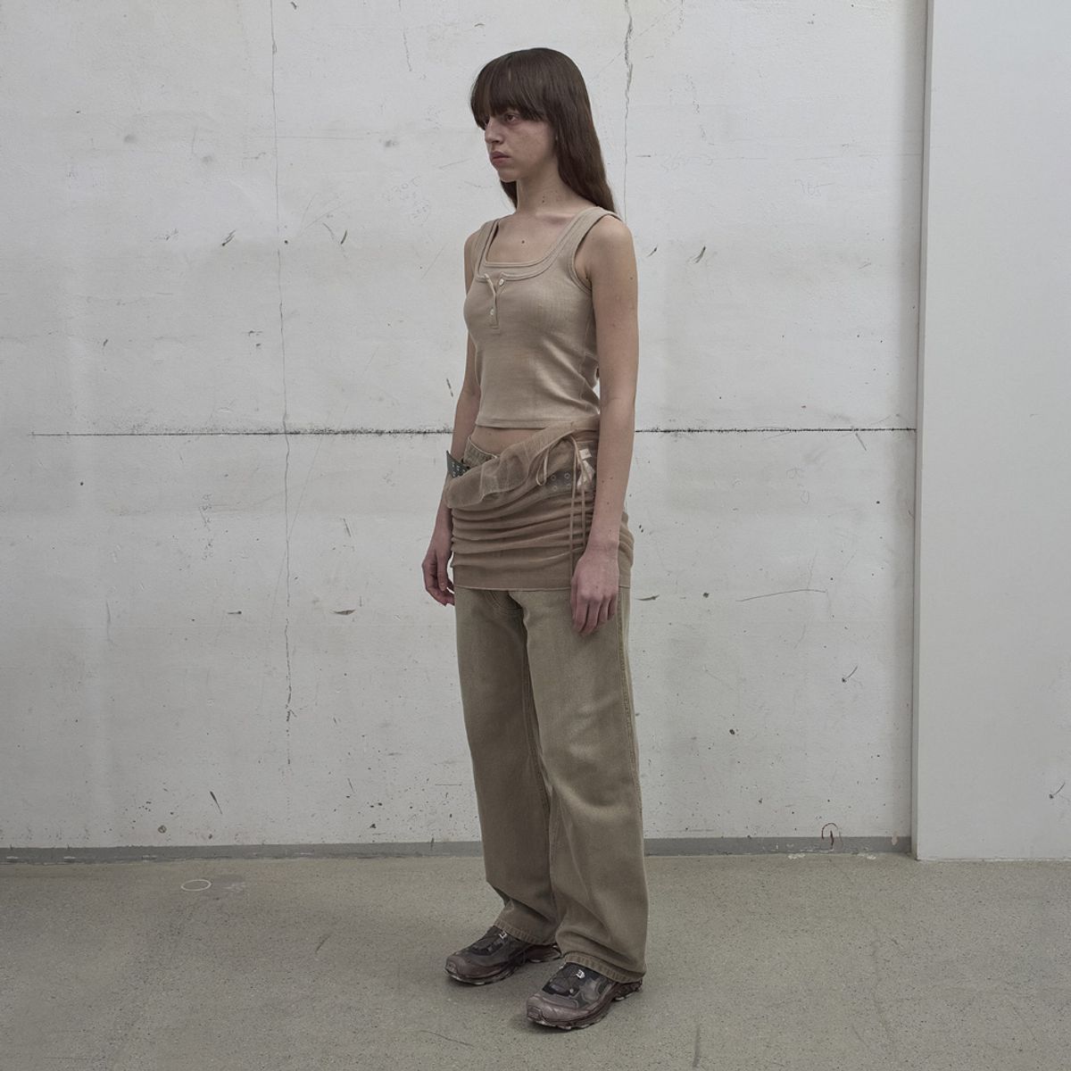 엘씨디씨티엠(LCDC™) SHEER FRILL LAYERED KNIT SKIRT (BEIGE)