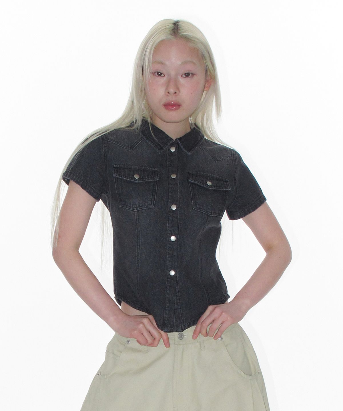 아메스 월드와이드(AMES-WORLDWIDE) DENIM SHORTSLEEVE SHIRTS BLACK