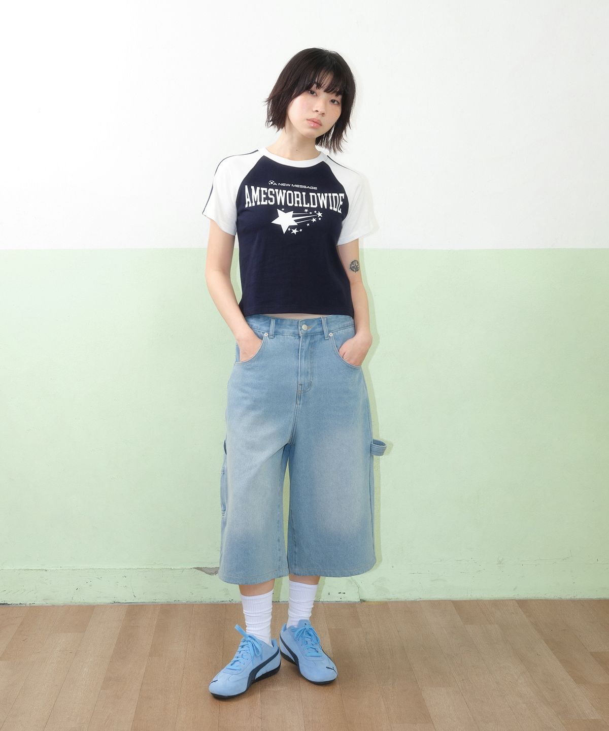 아메스 월드와이드(AMES-WORLDWIDE) STAR LOGO RAGLAN TEE NAVY