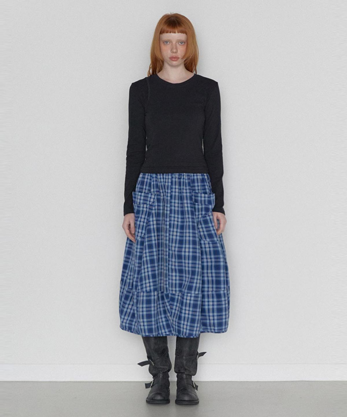 렌세(RENSE) Pumpkin Banding Skirt Blue check