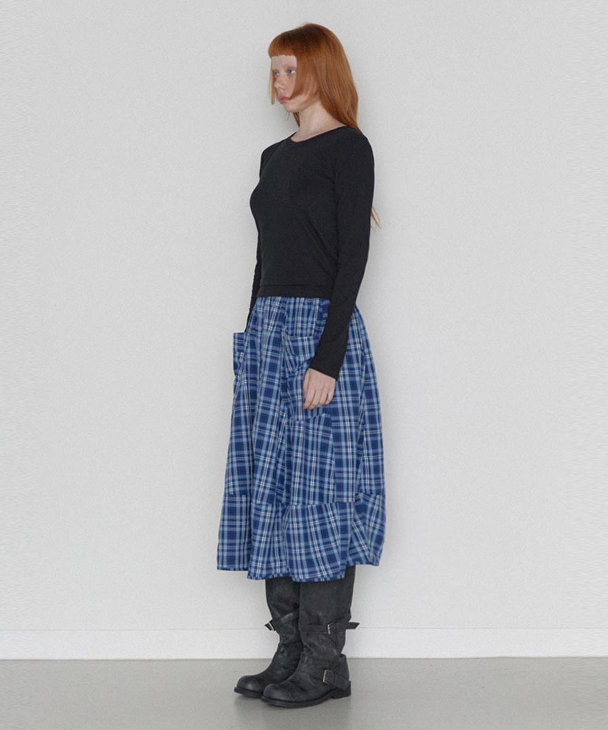 렌세(RENSE) Pumpkin Banding Skirt Blue check