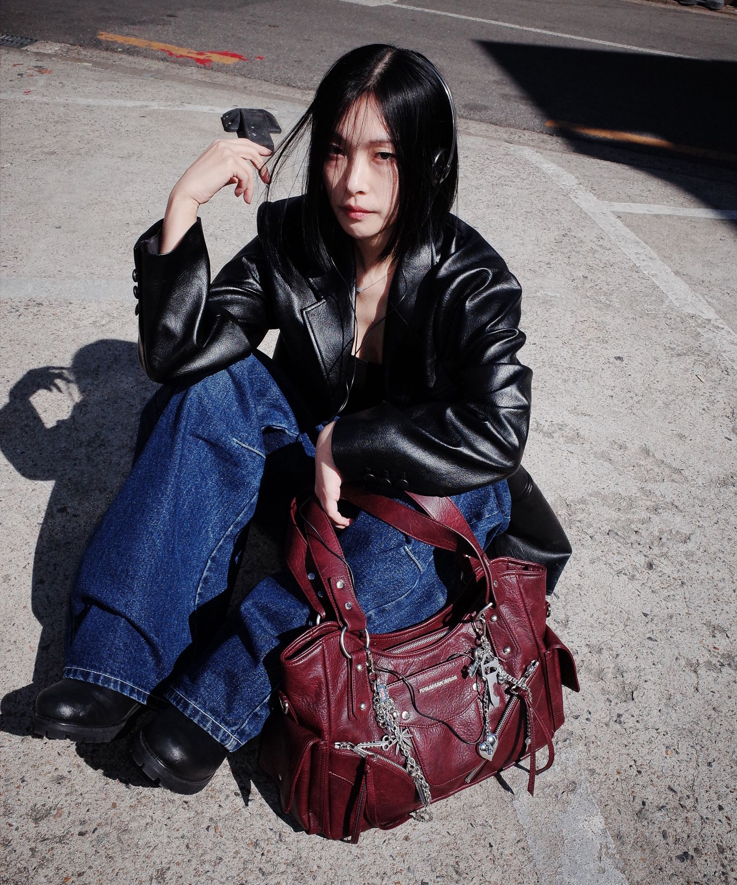 MUSINSA | IUGAMAKARAS Studded Leather Shoulder Bag (Burgundy)