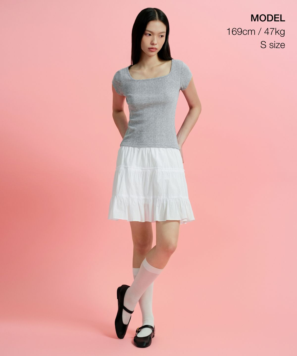 무신사 스탠다드 우먼(MUSINSA STANDARD WOMAN) 우먼즈 포인텔 스퀘어 넥 캡 슬리브 티셔츠 [멜란지 그레이]