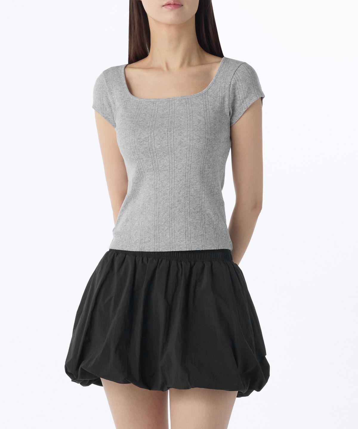 무신사 스탠다드 우먼(MUSINSA STANDARD WOMAN) 우먼즈 포인텔 스퀘어 넥 캡 슬리브 티셔츠 [멜란지 그레이]