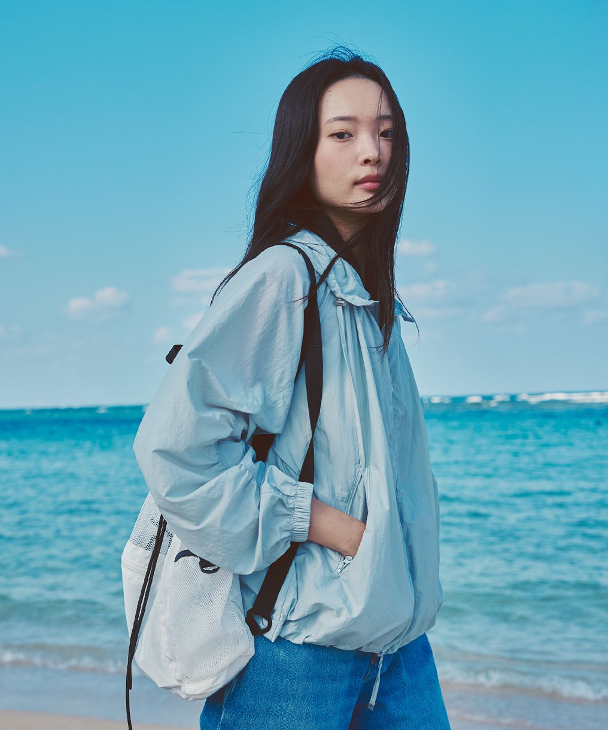 애프터아워즈(AFTERHOURS) LIGHT SHIRRING WINDBREAKER (BLUE-GREY)