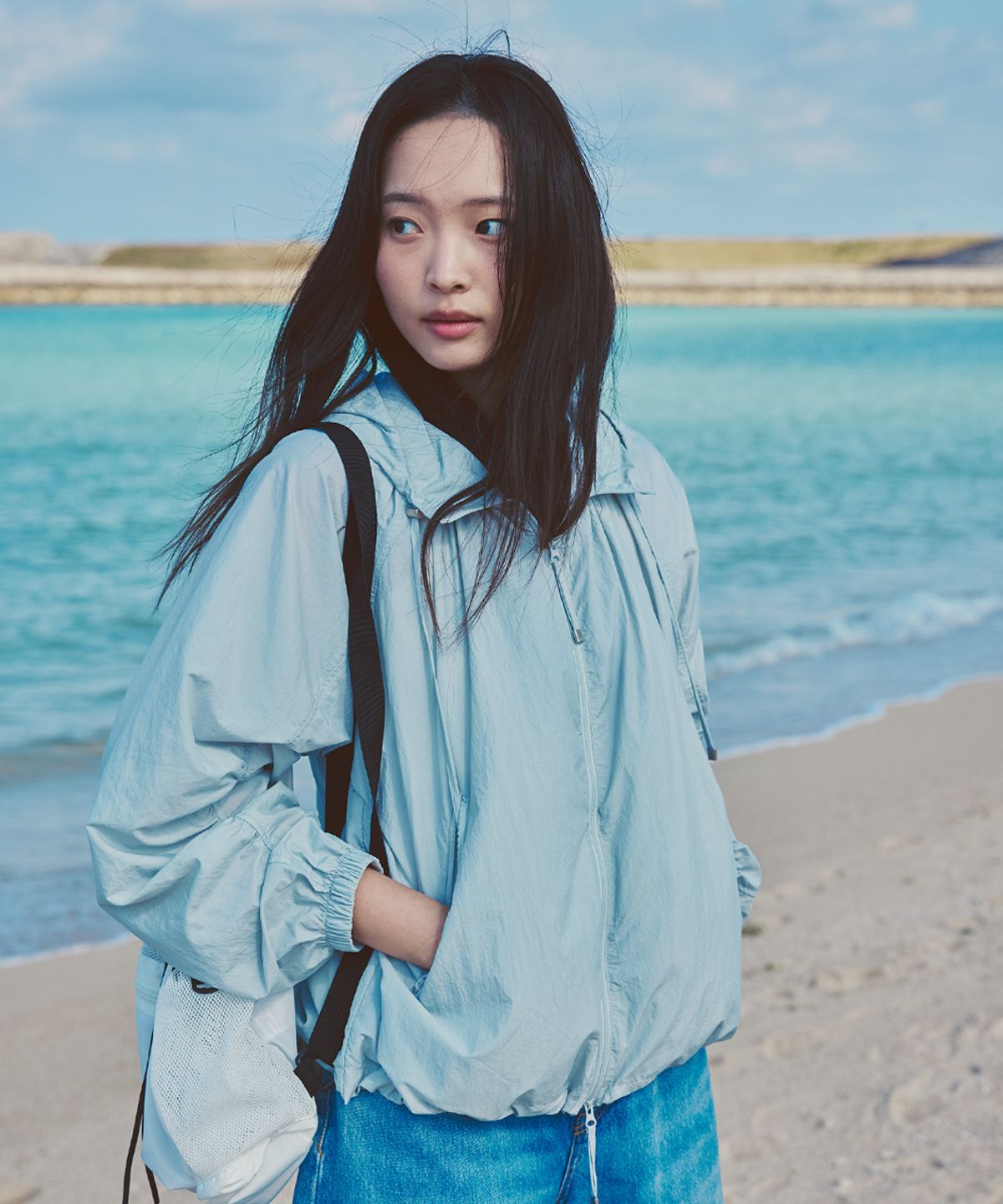 애프터아워즈(AFTERHOURS) LIGHT SHIRRING WINDBREAKER (BLUE-GREY)