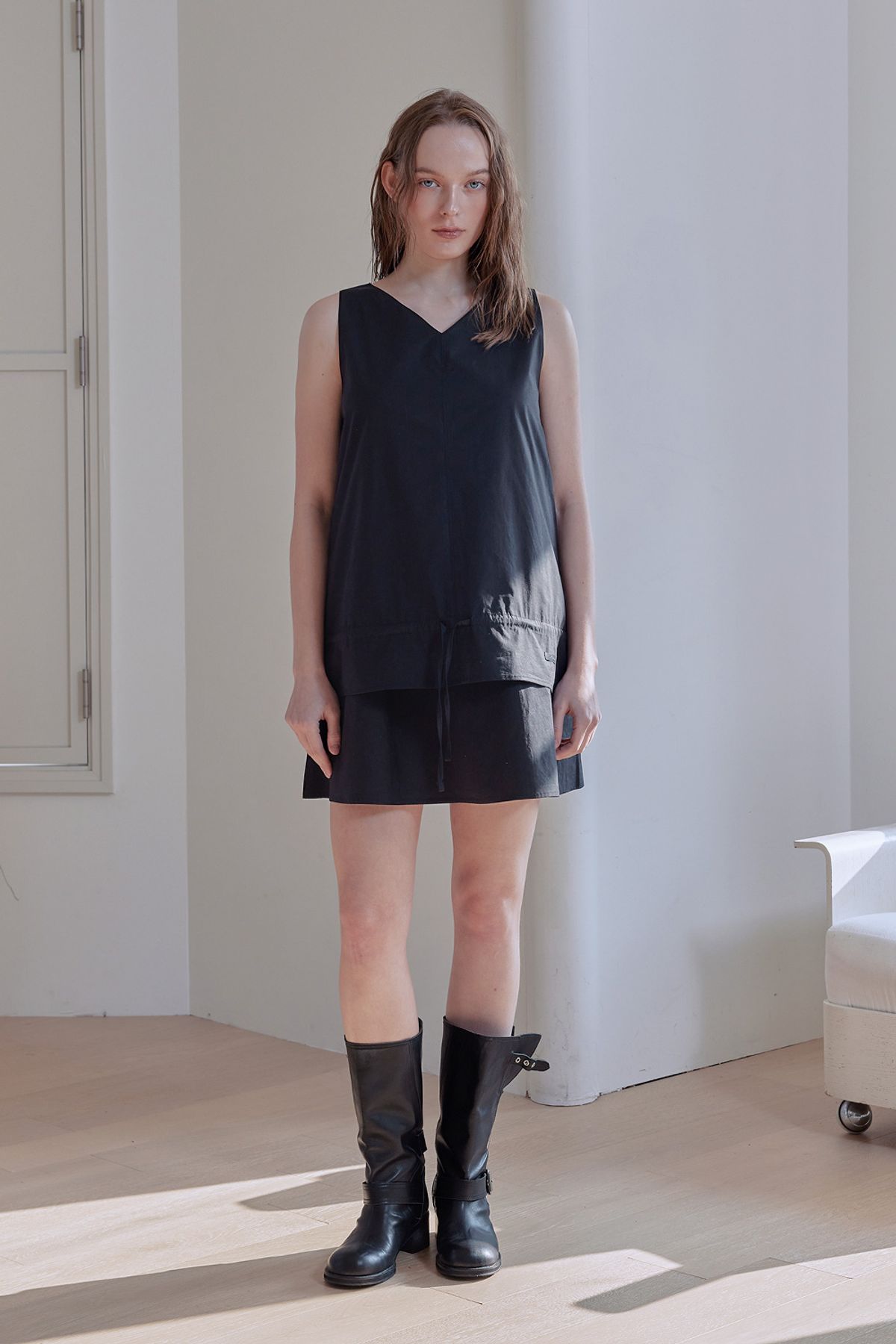 애프터아워즈(AFTERHOURS) V-NECK LAYERED MINI DRESS (BLACK)