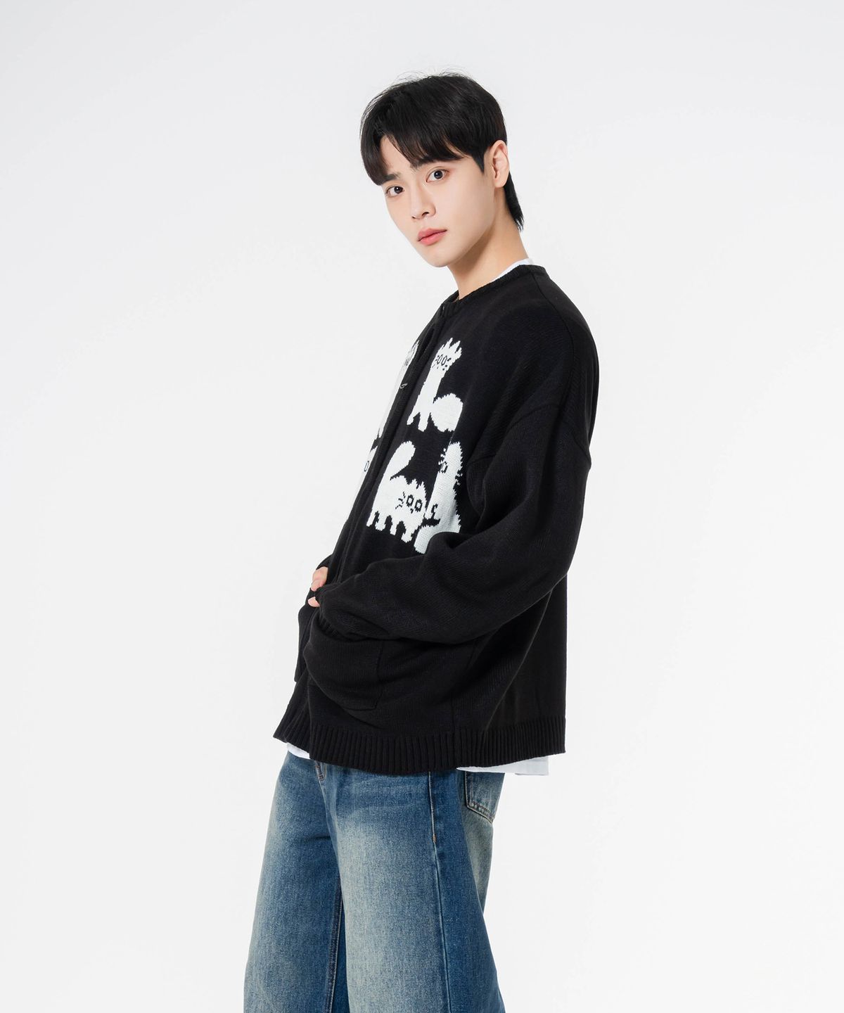 모즈모즈(MOZMOZ) 조이풀 키튼 투웨이 니트 집업 블랙