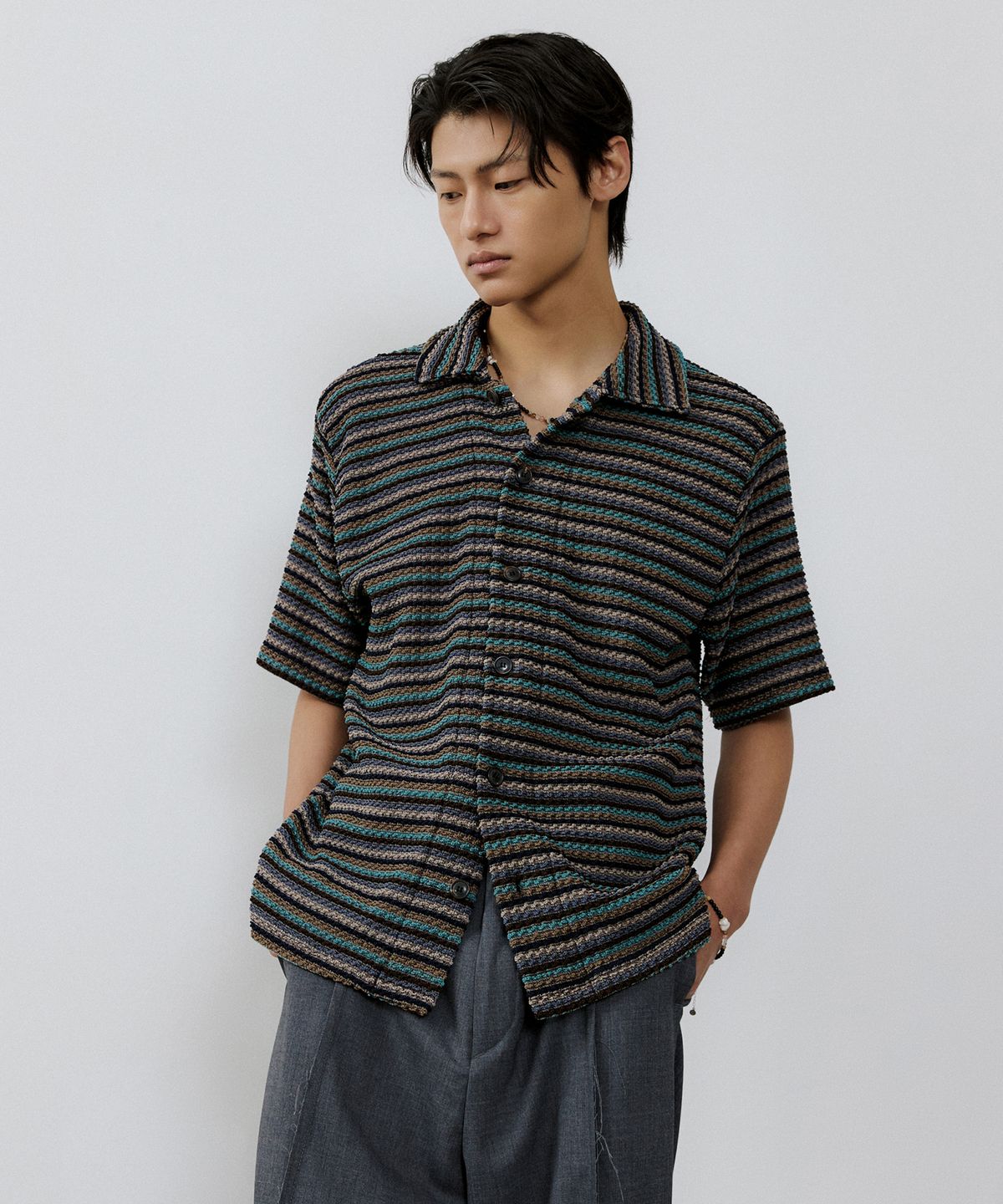 엔도어(ENDOOR) vintage stripe crochet 1/2 shirts (vtg brown)
